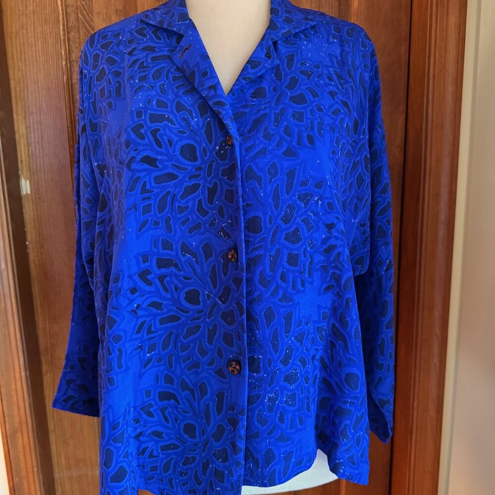 Harshita Mystic Silk Asymmetrical Shirt/Jacket Lapis Daisy, NWT, One Size